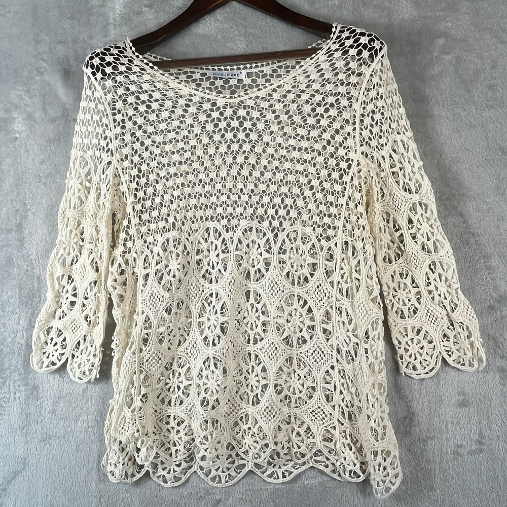 Crochet Swim Cover Up Beige XL Open Knit Lace Boho Beach Top Sheer Resortwear